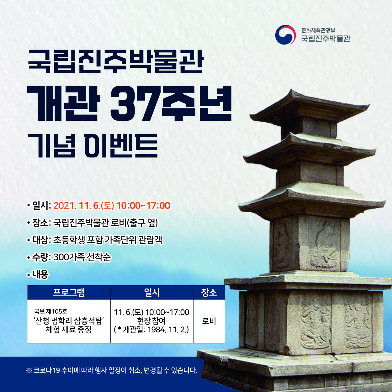 국립진주박물관 개관 37주년 기념 이벤트 -일시 : 2021.11.6.(토) 10:00~17:00 -장소 : 국립진주박물관 로비(출구 옆) -대상 : 초등학생 포함 가족단위 관람객 -수량 : 300가족 선착순 -내용 : 프로그램 : 국보 제105호 산청 범학리 삼층석탑 체험 재료 증정, 일시 : 11.6(토) 10:00~17:00 현장참여(개관일:1984.11.2.), 장소 : 로비 ※코로나19 추이에 따라 행사 일정이 취소/변경 될 수 있습니다.